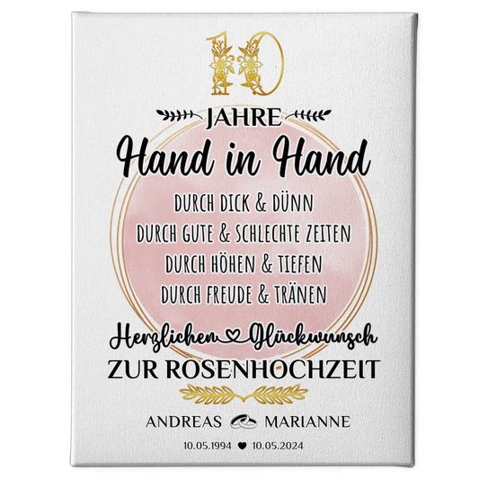 Leinwand Geschenk zur Rosenhochzeit 10 Hochzeitstag mit Namen