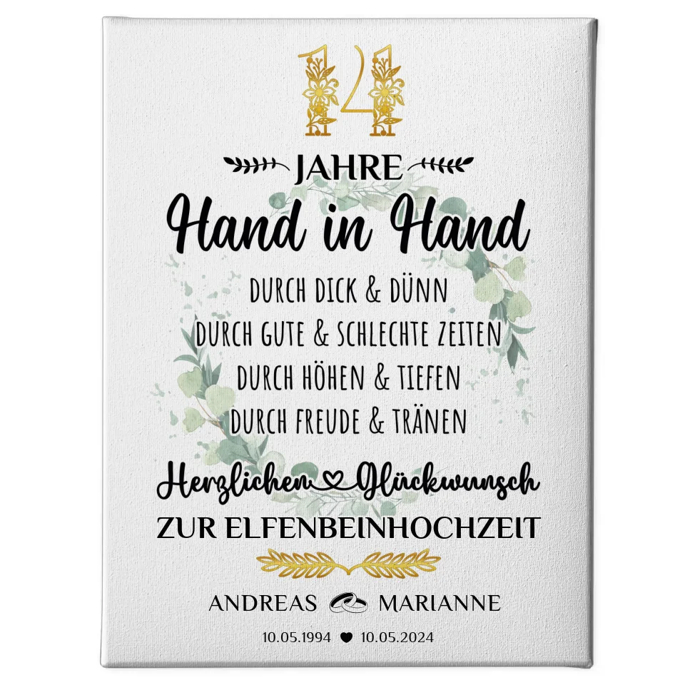 Leinwand Geschenk zur Elfenbeinhochzeit 14 Hochzeitstag mit Namen 1