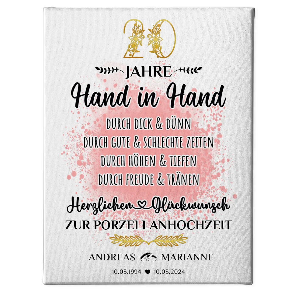 Leinwand Geschenk zum 20 Hochzeitstag zur Porzellanhochzeit mit Namen