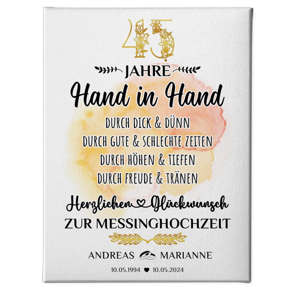Personalisierte Leinwand Geschenk zur Messinghochzeit 45 Hochzeitstag mit Namen 1