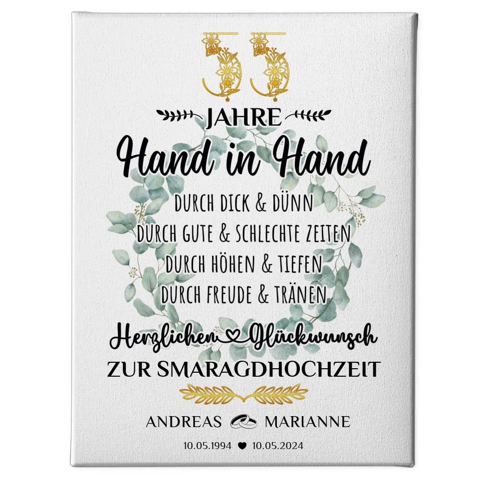 Leinwand Geschenk zur Smaragdhochzeit 55 Hand in Hand mit Namen 1