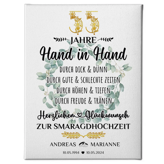 Leinwand Geschenk zur Smaragdhochzeit 55 Hand in Hand mit Namen