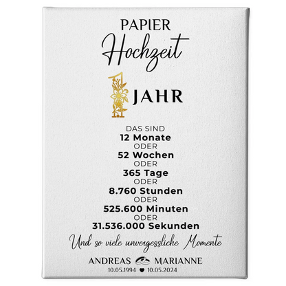 Personalisierte Leinwand Geschenk zur Papierhochzeit 1 Hochzeitstag Momente