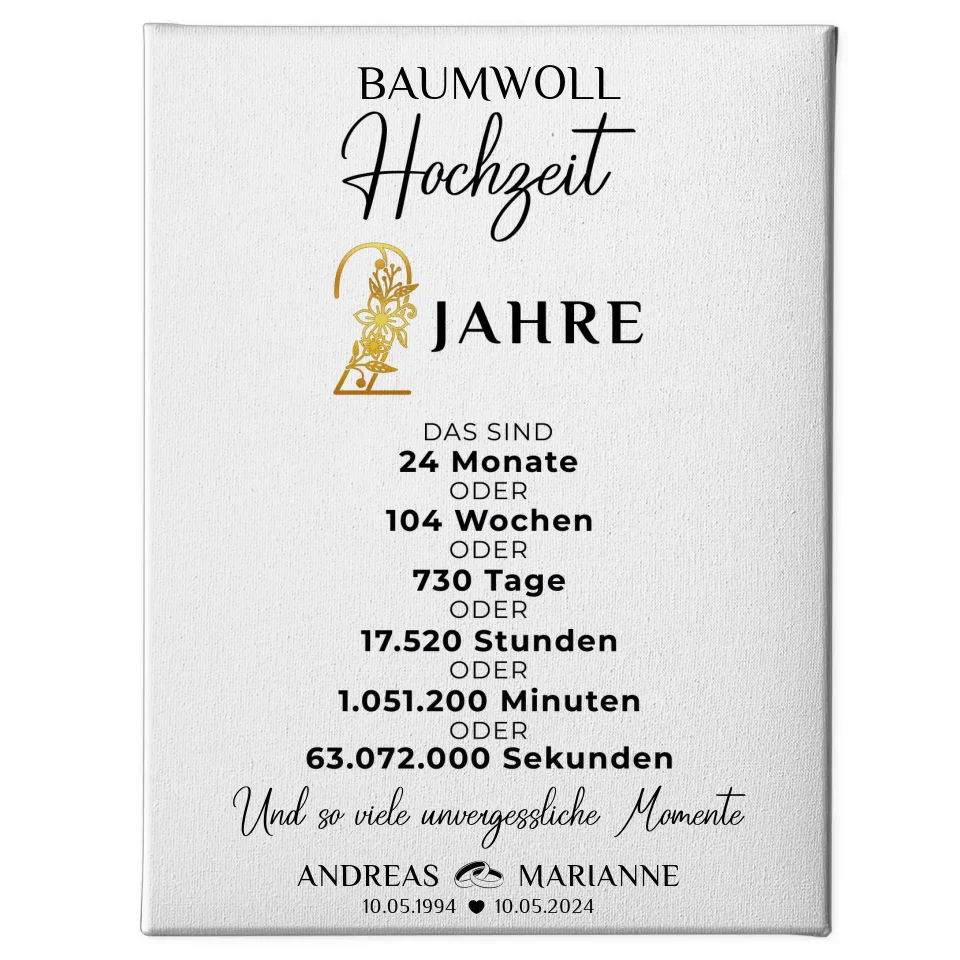 Personalisierte Leinwand Geschenk Momente 2 Hochzeitstag Baumwollhochzeit