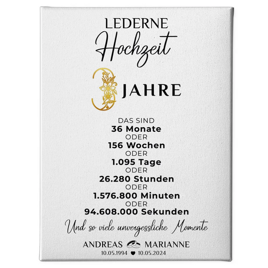 Personalisierte Leinwand Geschenk Momente 3 Hochzeitstag Namen