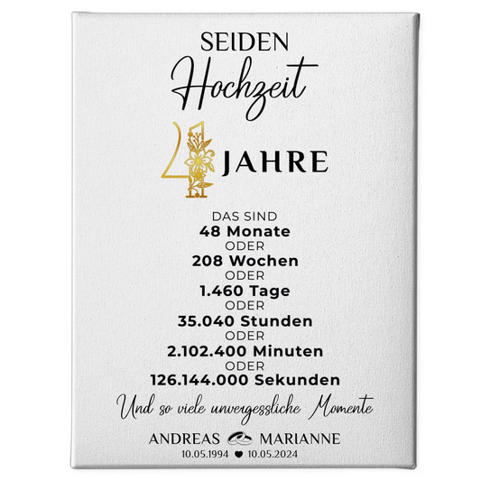 Personalisierte Leinwand Geschenk für 4 Hochzeitstag zur Seidenhochzeit Momente