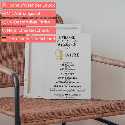 Personalisierte Leinwand Geschenk für 9 Hochzeitstag zur Keramikhochzeit