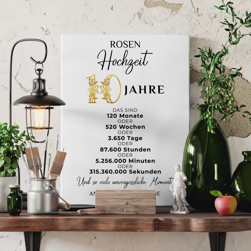 Personalisierte Leinwand Geschenk zur Rosenhochzeit 10 Hochzeitstag Momente