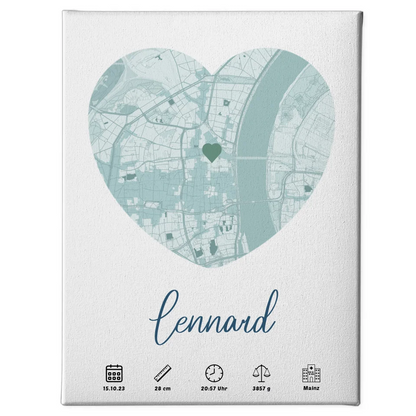 Personalisierte Geburtsleinwand Blau mit Geburtsdaten und Geburtsort Karte 1