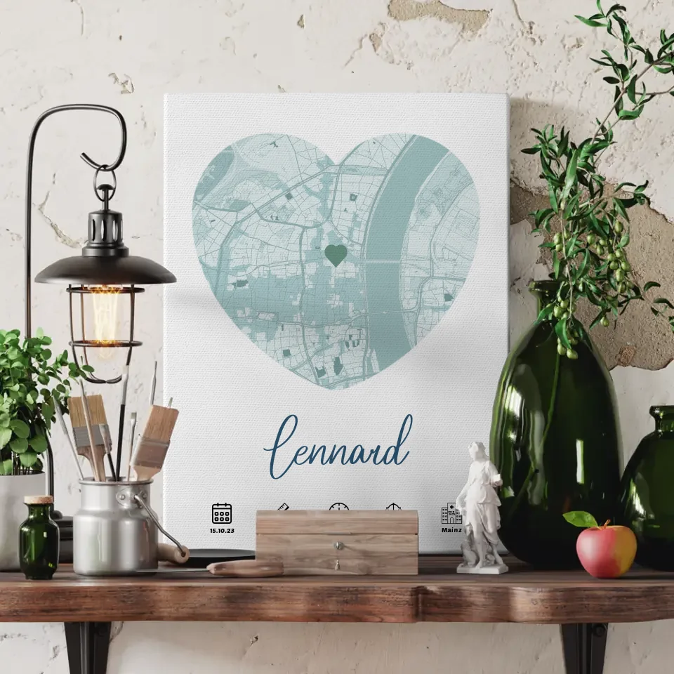 Personalisierte Geburtsleinwand Blau mit Geburtsdaten und Geburtsort Karte 3