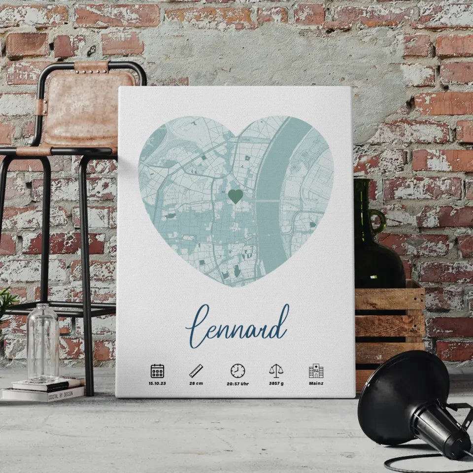 Personalisierte Geburtsleinwand Blau mit Geburtsdaten und Geburtsort Karte 4