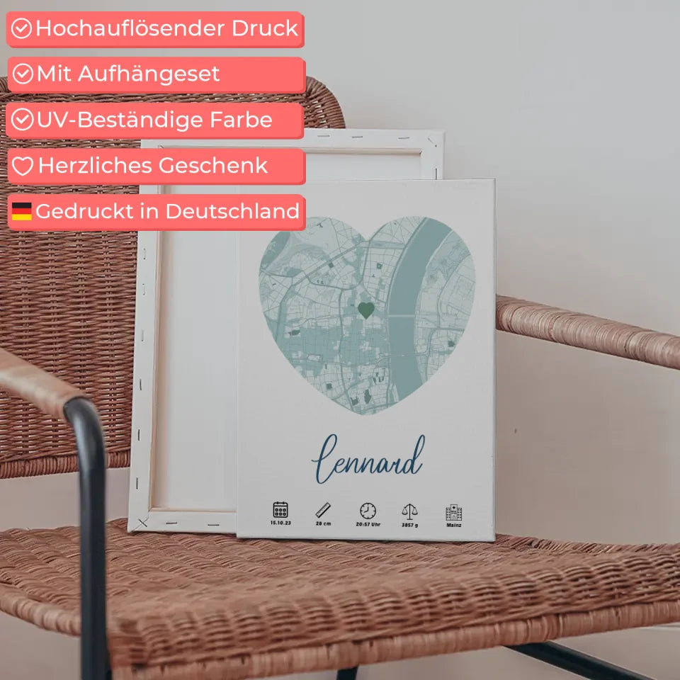 Personalisierte Geburtsleinwand Blau mit Geburtsdaten und Geburtsort Karte 5