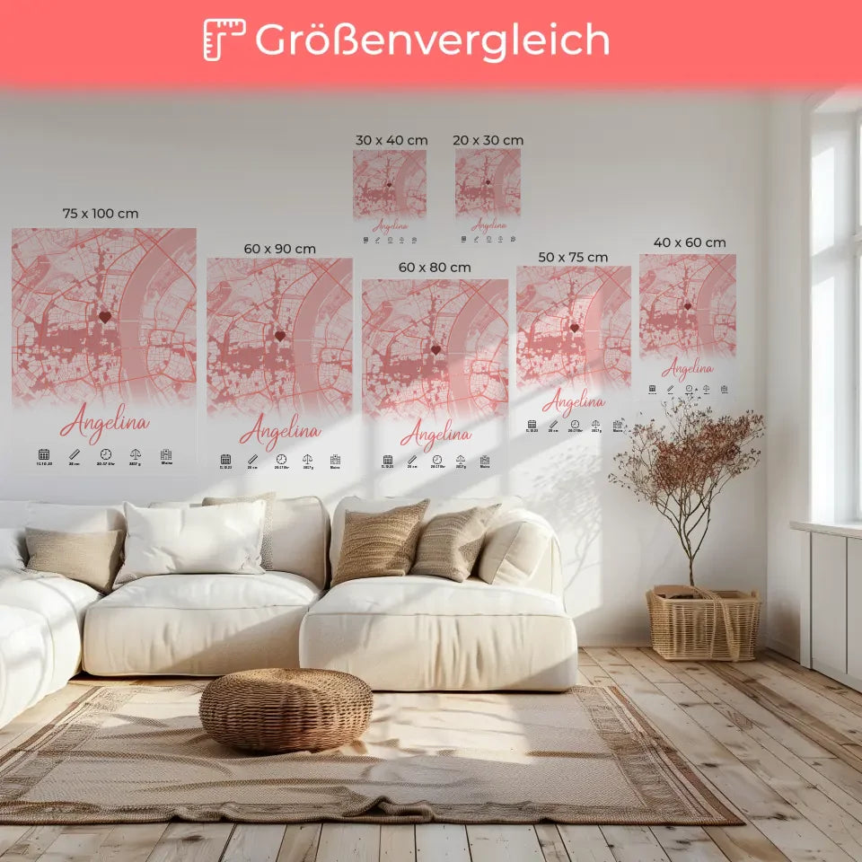 Personalisierte Leinwand Geburt Stadtkarte Rot mit Geburtsdaten Mädchen