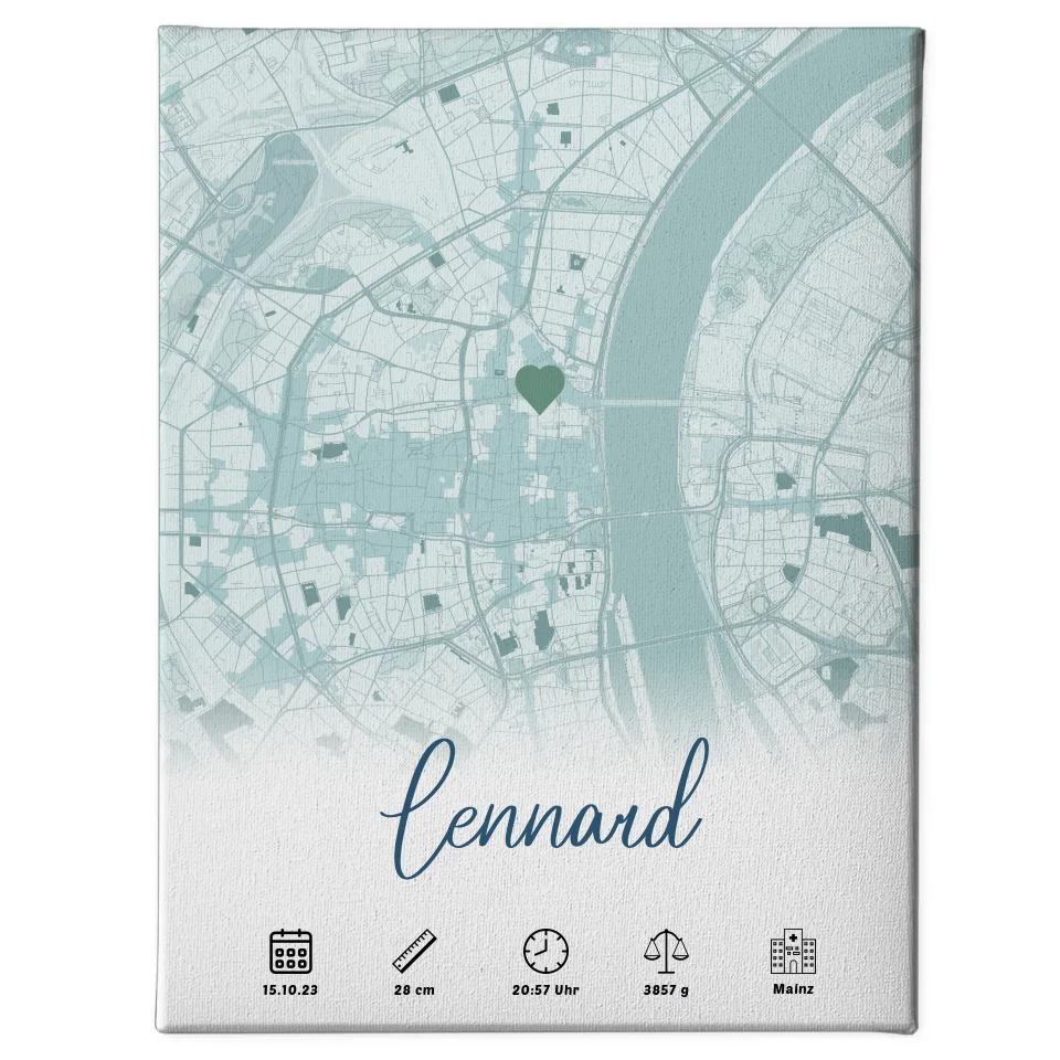 Leinwand Geburt Stadt Karte Geburtsdaten Blau Jungen personalisiert 1