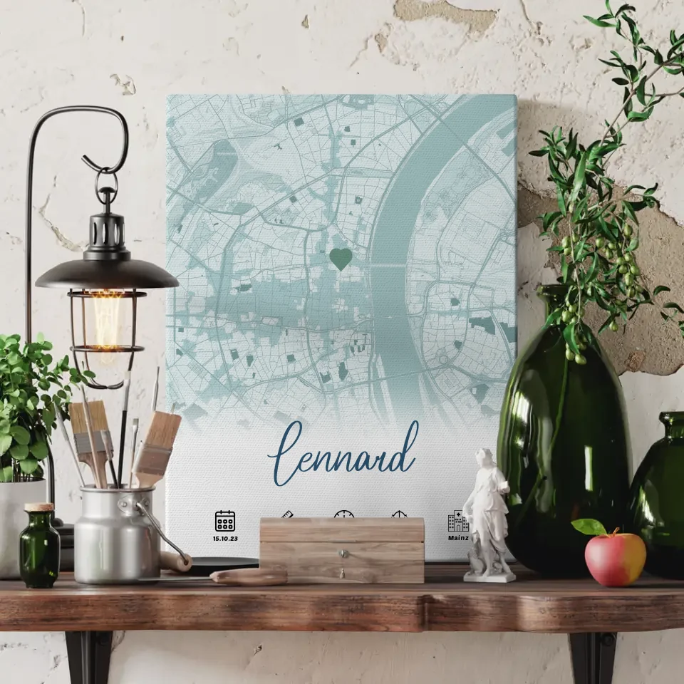 Leinwand Geburt Stadt Karte Geburtsdaten Blau Jungen personalisiert 3