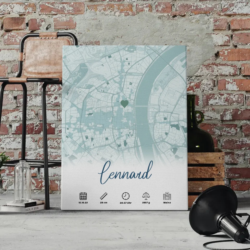 Leinwand Geburt Stadt Karte Geburtsdaten Blau Jungen personalisiert 4