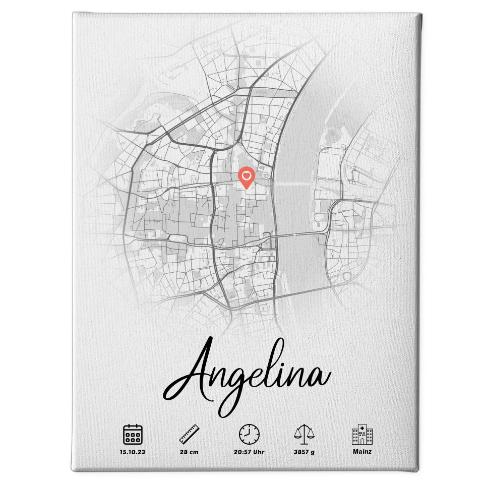 Personalisierte Leinwand Geburt Rund Stadtkarte Weiß Geburtsdaten 1