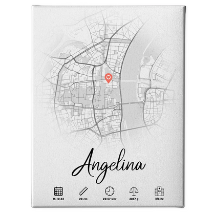 Personalisierte Leinwand Geburt Rund Stadtkarte Weiß Geburtsdaten 1