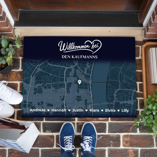 Fußmatte personalisiert Familie Stadt Karte Willkommen Bei Blau 1