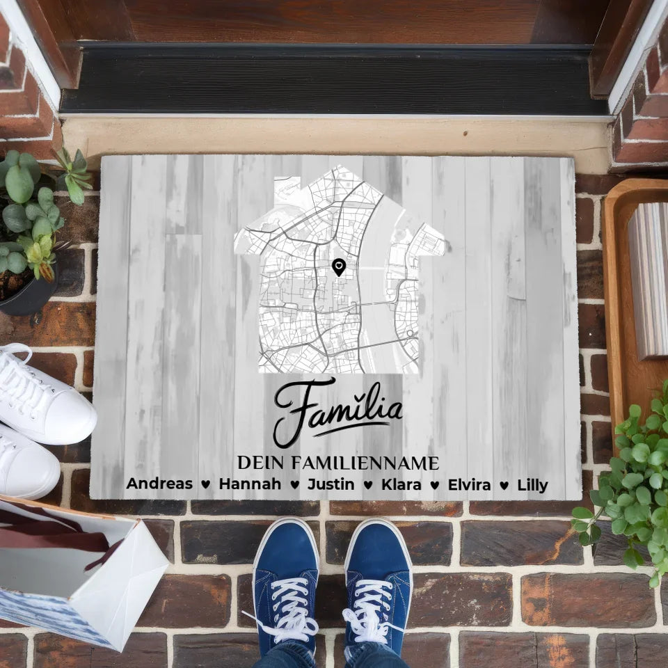 Personalisierte Familie Fußmatte Stadt Karte Schwarz Weiß Familia 1