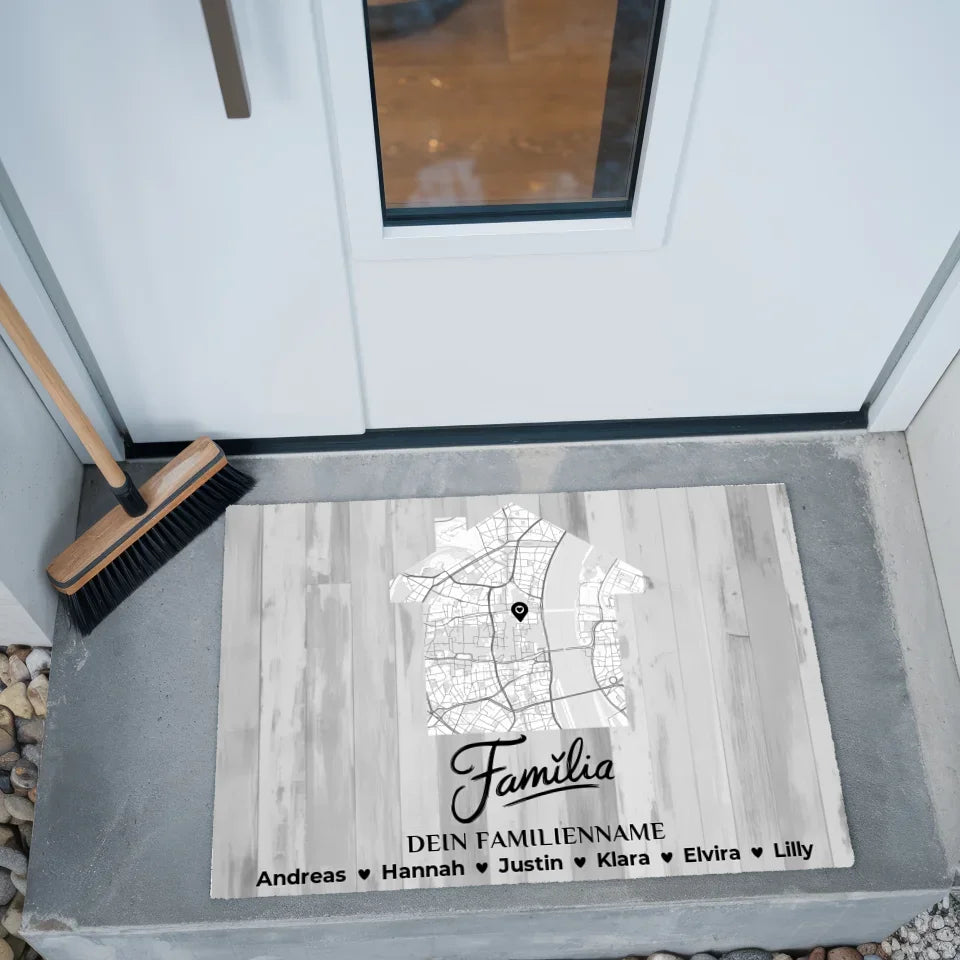 Personalisierte Familie Fußmatte Stadt Karte Schwarz Weiß Familia 2