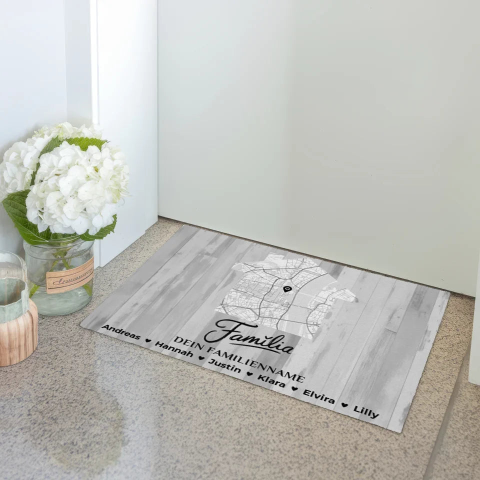 Personalisierte Familie Fußmatte Stadt Karte Schwarz Weiß Familia 3