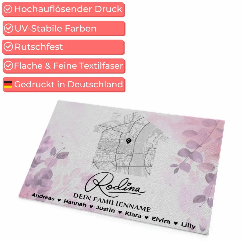 Personalisierte Familie Fußmatte mit Namen Stadt Karte Rodina Pink Rosa