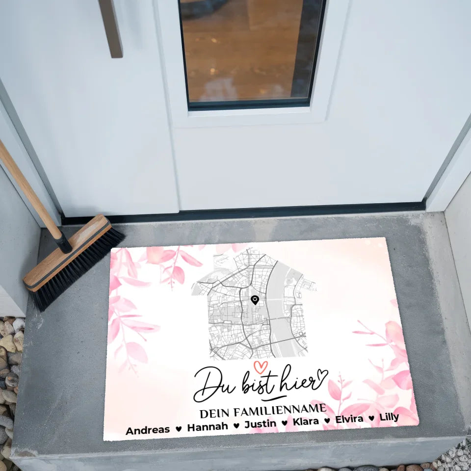 Familien Fußmatte mit Namen Stadt Karte Rosa Floral personalisiert 2