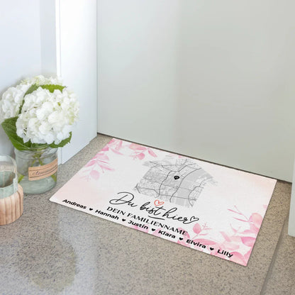 Familien Fußmatte mit Namen Stadt Karte Rosa Floral personalisiert 3