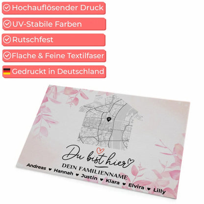 Familien Fußmatte mit Namen Stadt Karte Rosa Floral personalisiert 4