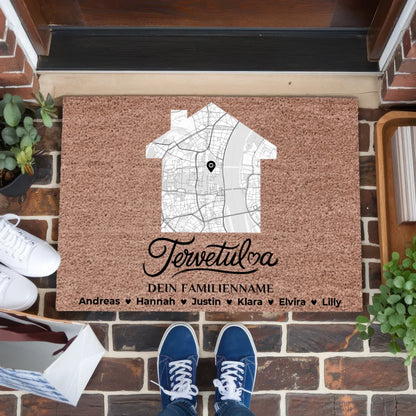 Familien Fußmatte mit Namen Stadt Karte Tervetuloa Dunkelbraun 1