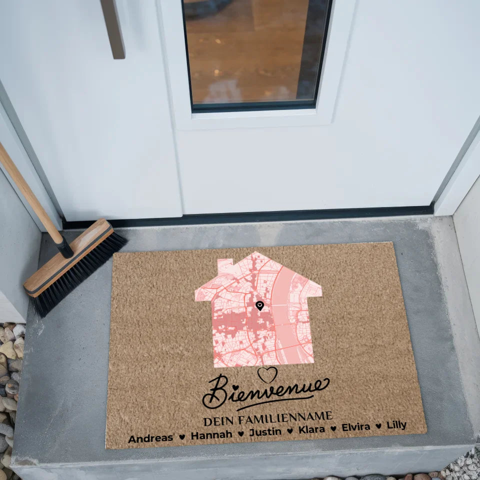 Personalisierte Fußmatte Stadtkarte Tervetuloa Braun Hell 2