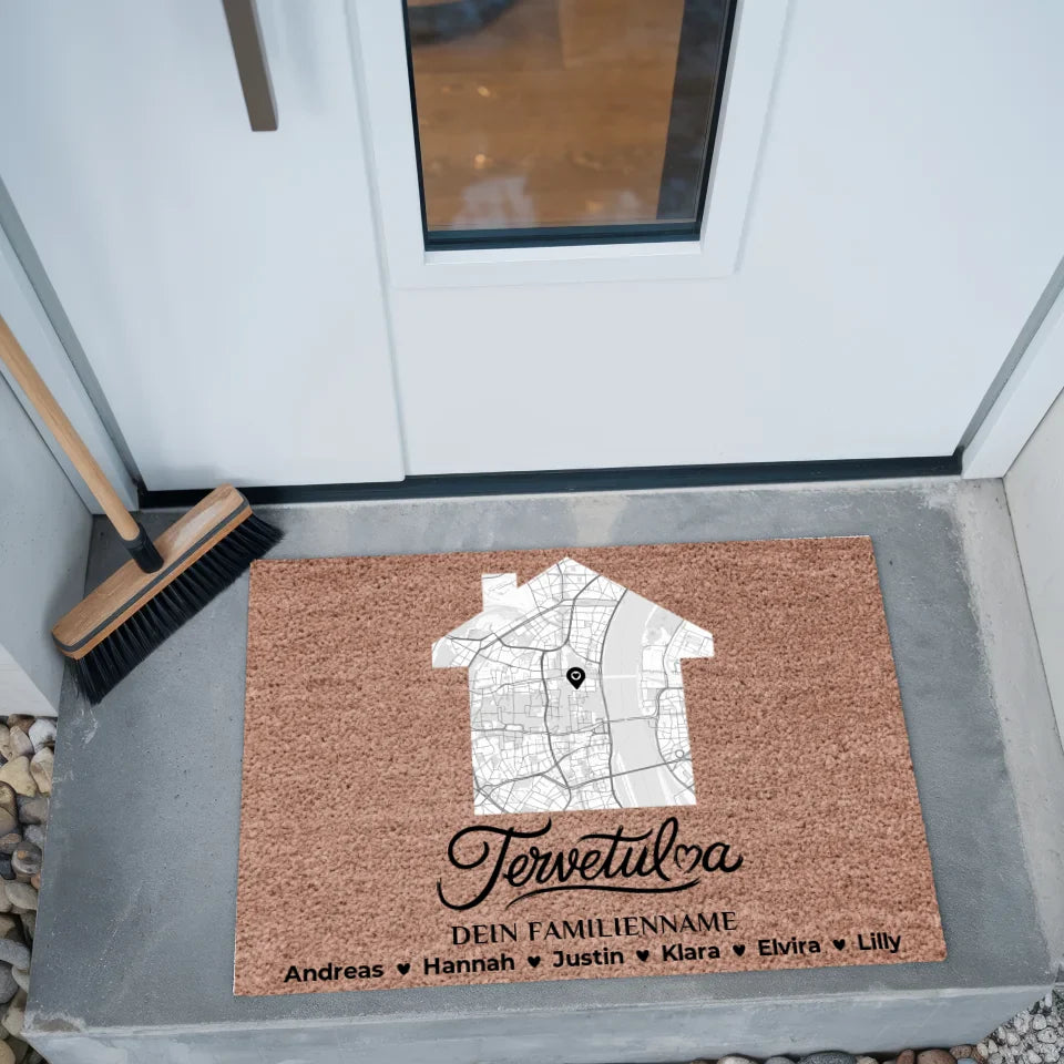 Familien Fußmatte mit Namen Stadt Karte Tervetuloa Dunkelbraun 2