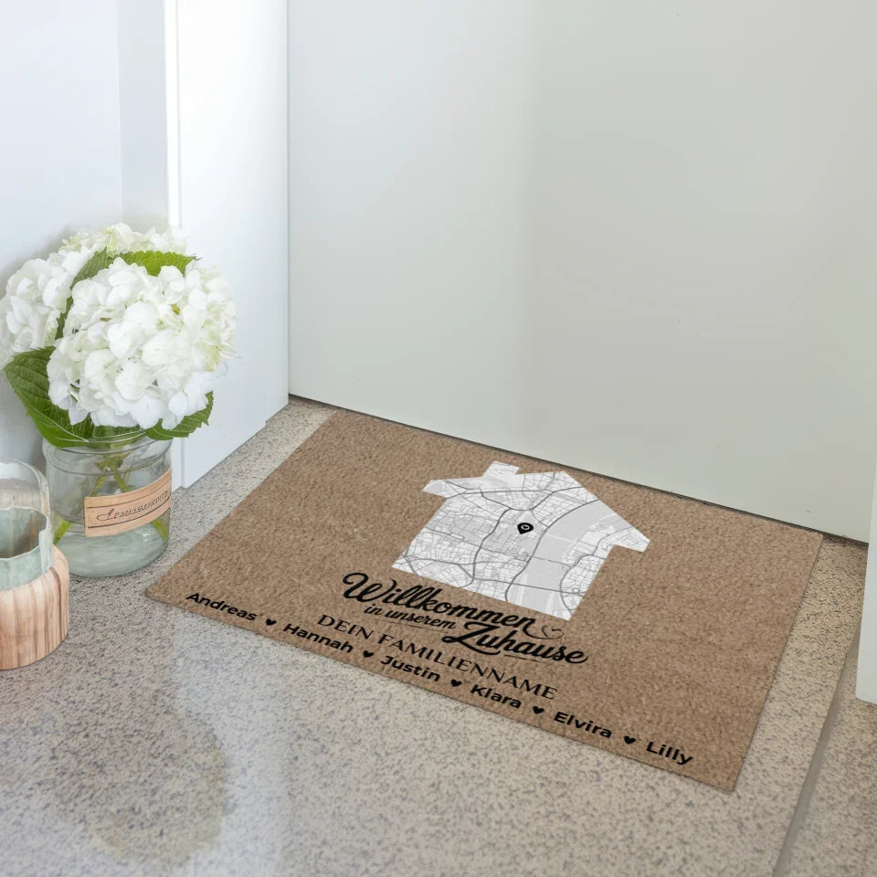 Personalisierte Familie Fußmatte mit Namen Stadt Karte Braun Hell Willkommen 3