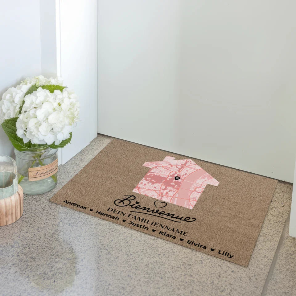 Personalisierte Fußmatte Stadtkarte Tervetuloa Braun Hell 3