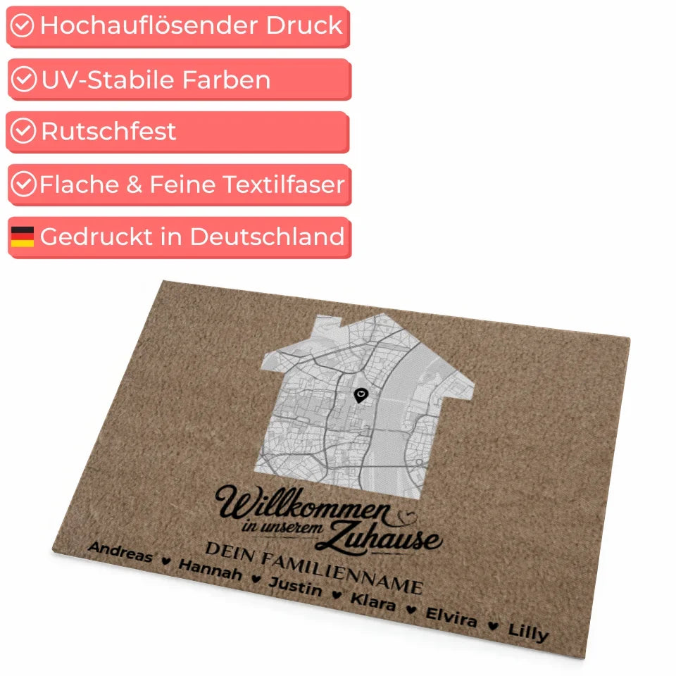 Personalisierte Familie Fußmatte mit Namen Stadt Karte Braun Hell Willkommen 4