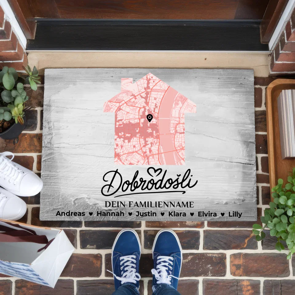 Fußmatte personalisiert Familie Stadtkarte Vintage Holz Grau Dobrodošli 1