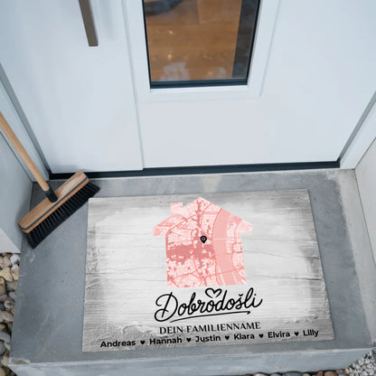 Fußmatte personalisiert Familie Stadtkarte Vintage Holz Grau Dobrodošli 2