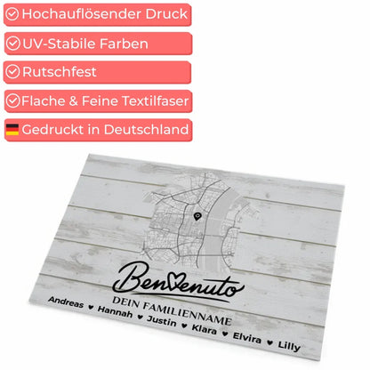 Fußmatte personalisiert Stadt Karte Vintage Weiß Benvenuto