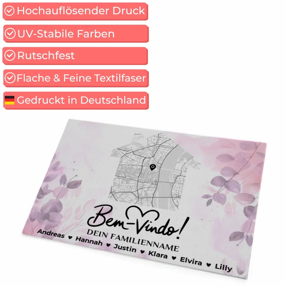 Personalisierte Familie Fußmatte mit Namen Stadt Karte Rosa Floral