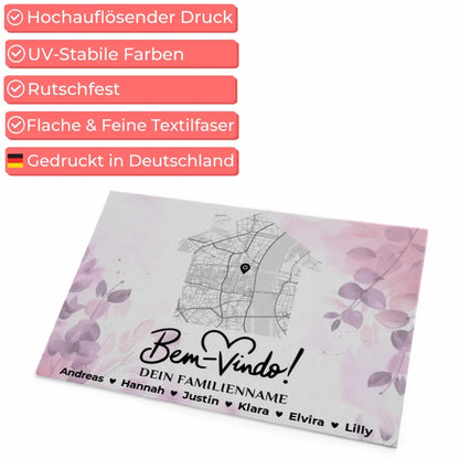 Personalisierte Familie Fußmatte mit Namen Stadt Karte Rosa Floral