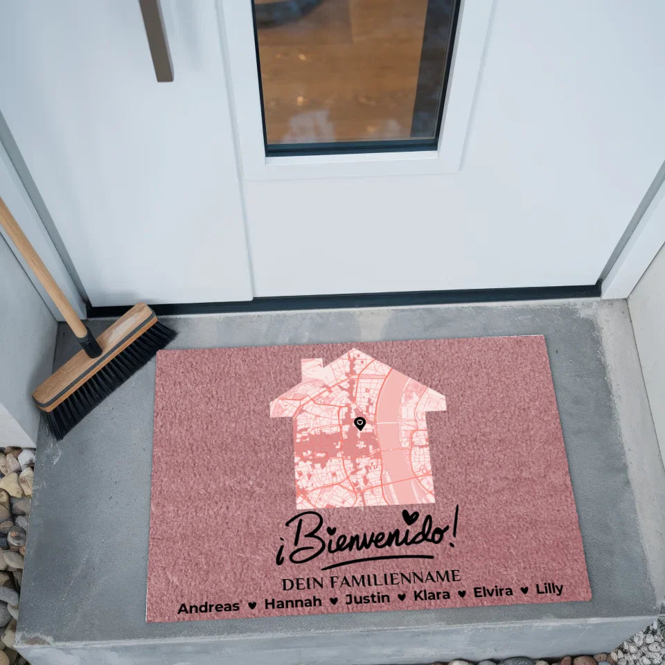 Personalisierte Fußmatte Rosa mit Stadtkarte Willkommen ¡Bienvenido!