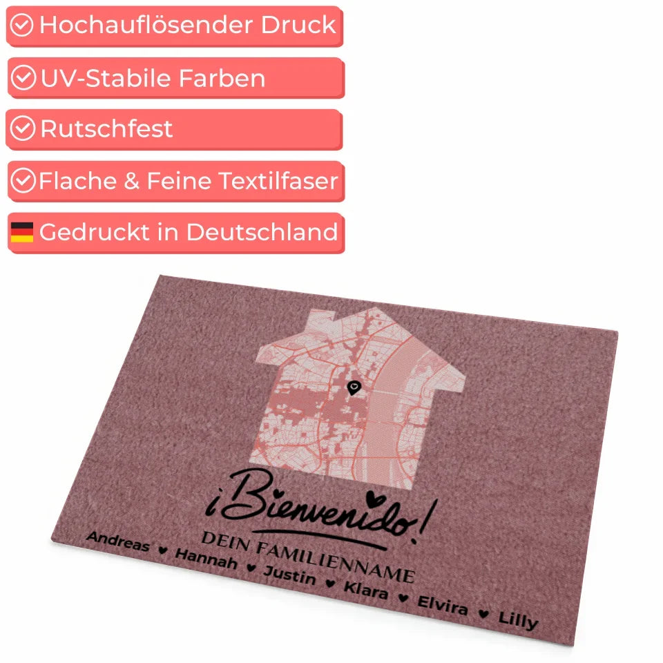 Personalisierte Fußmatte Rosa mit Stadtkarte Willkommen ¡Bienvenido!