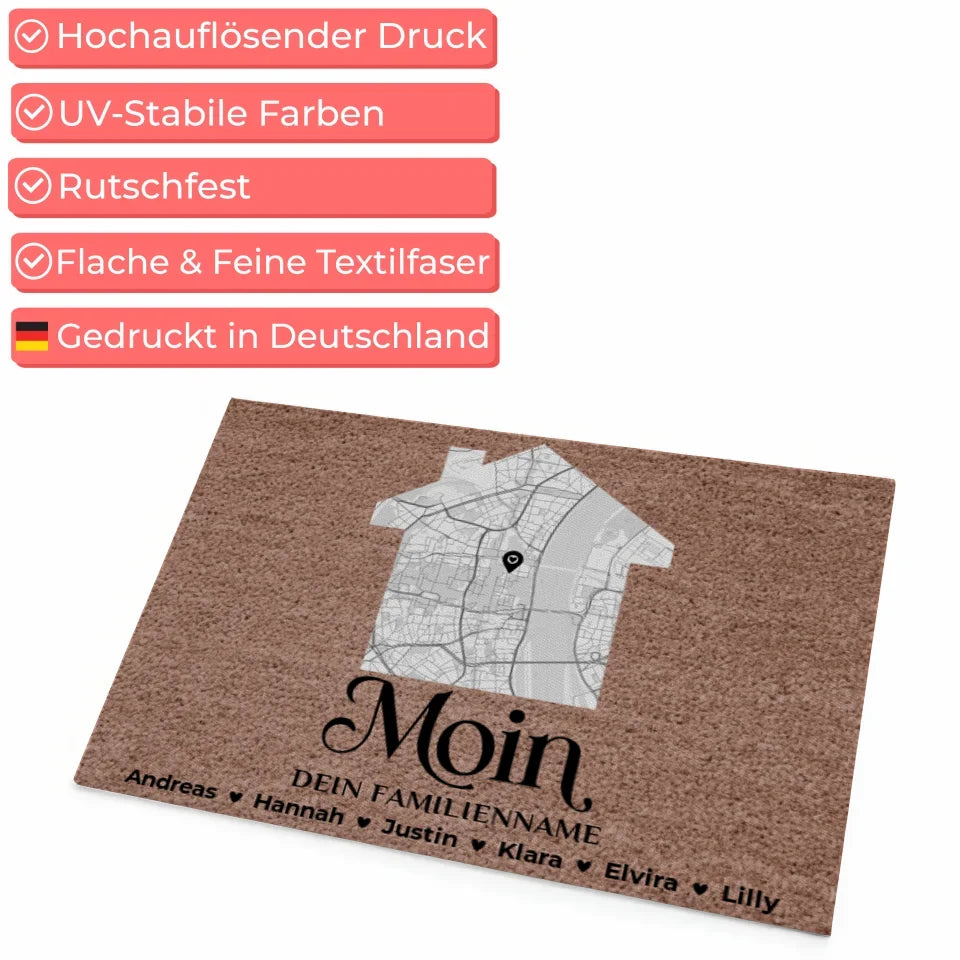 Familien Fussmatte mit Namen Dunkelbraun Stadt Karte Moin gestalten 4