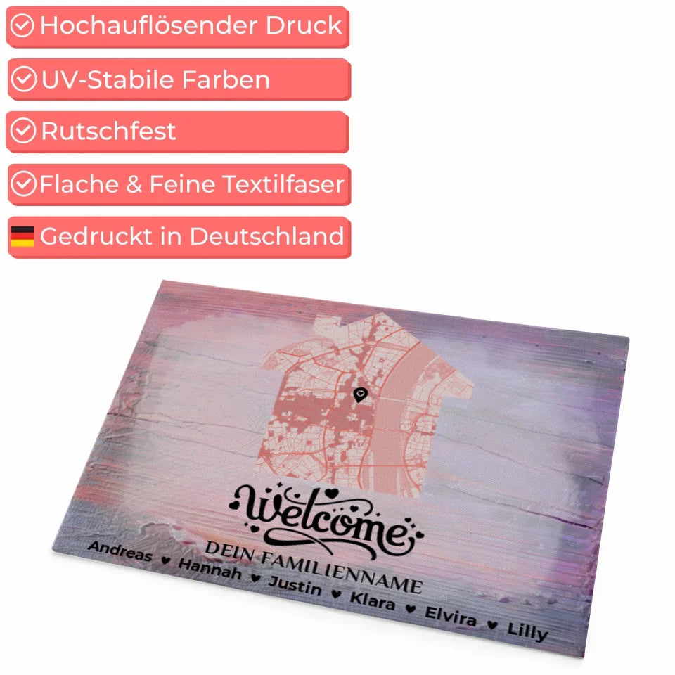 Personalisierte Fußmatte Welcome Stadtkarte Vintage Holz Bunt