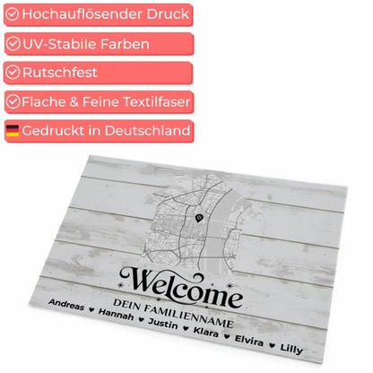 Fußmatte personalisiert Vintage Weiß Stadt Karte Welcome Design