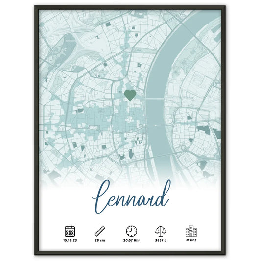 Personalisierte Poster Geburt Stadt Karte Geburtsdaten Blau für Jungen 1