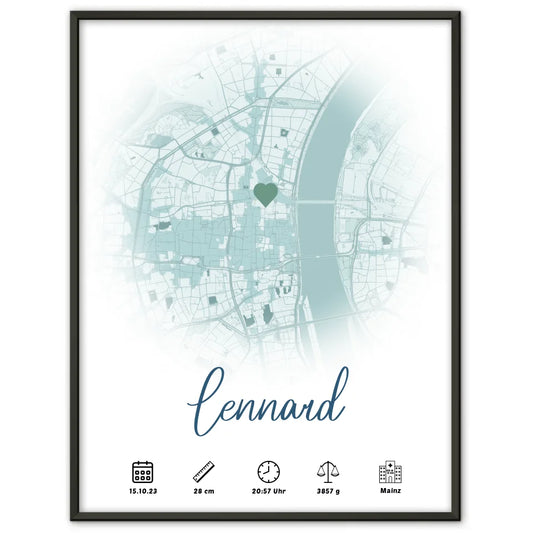 Personalisiertes Geburtsposter Rund mit Geburtsdaten und Geburtsort Karte Blau Jungs 1