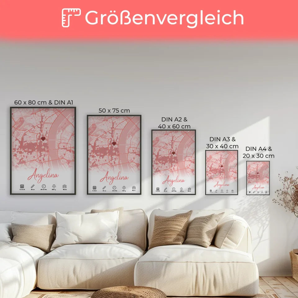 Personalisierte Poster Geburt mit Geburtsdaten Stadtkarte Rot Mädchen