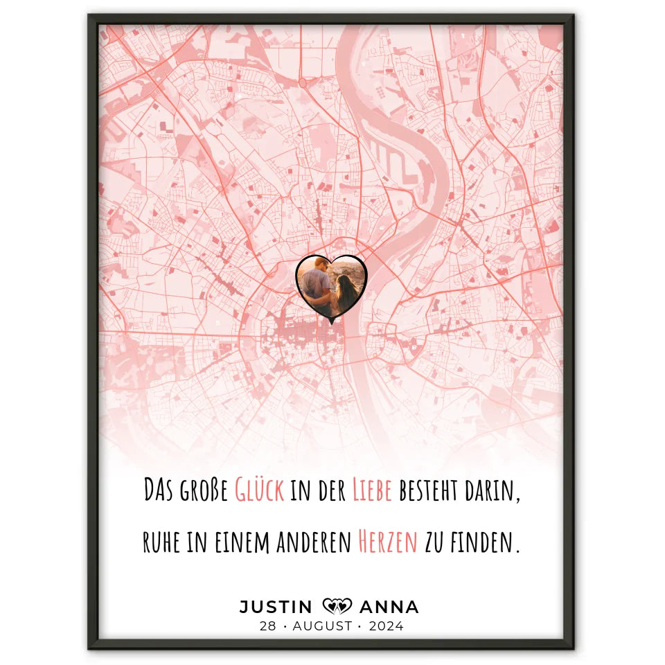 Personalisiertes Stadtkarten Poster für Paare Das Große Glück Roserot